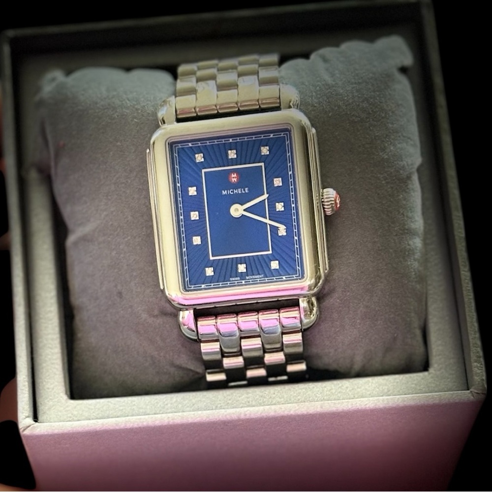 MICHELE Women's Deco II Blue Dial Bracelet w/Diamond Markers - Picture 3 of 10